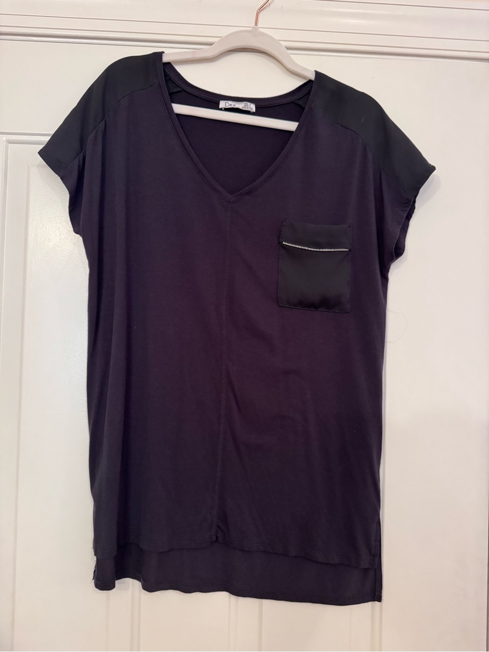 Dex Black V-Neck Short Sleeve Top with Contrast Pocket